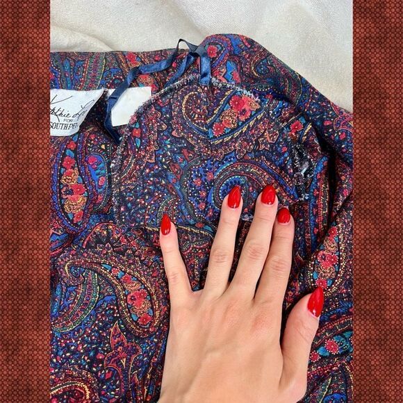 Vintage 1980s Kathie Lee Dress Paisley Dark Academia Purple Blue Sz S/M - Picture 8 of 9